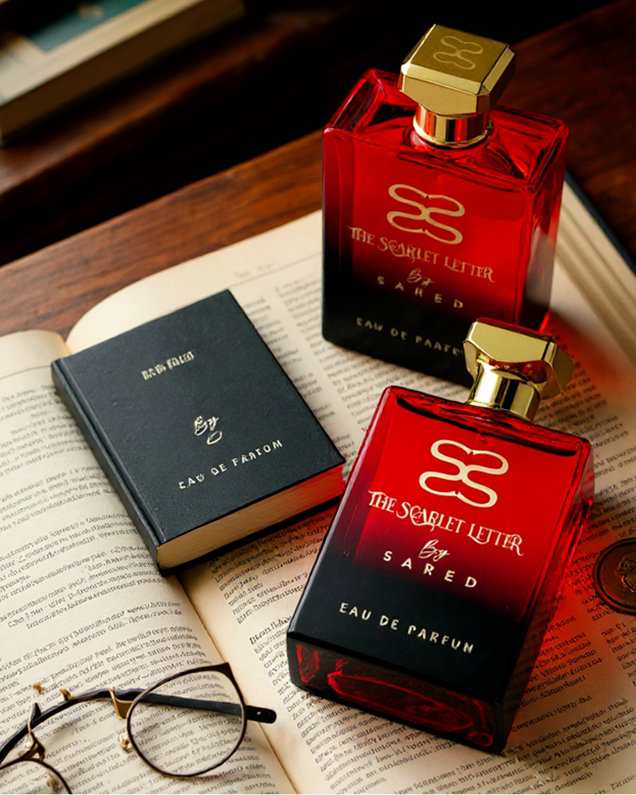 Two red perfume bottles with gold caps on an open book with glasses and a coin.