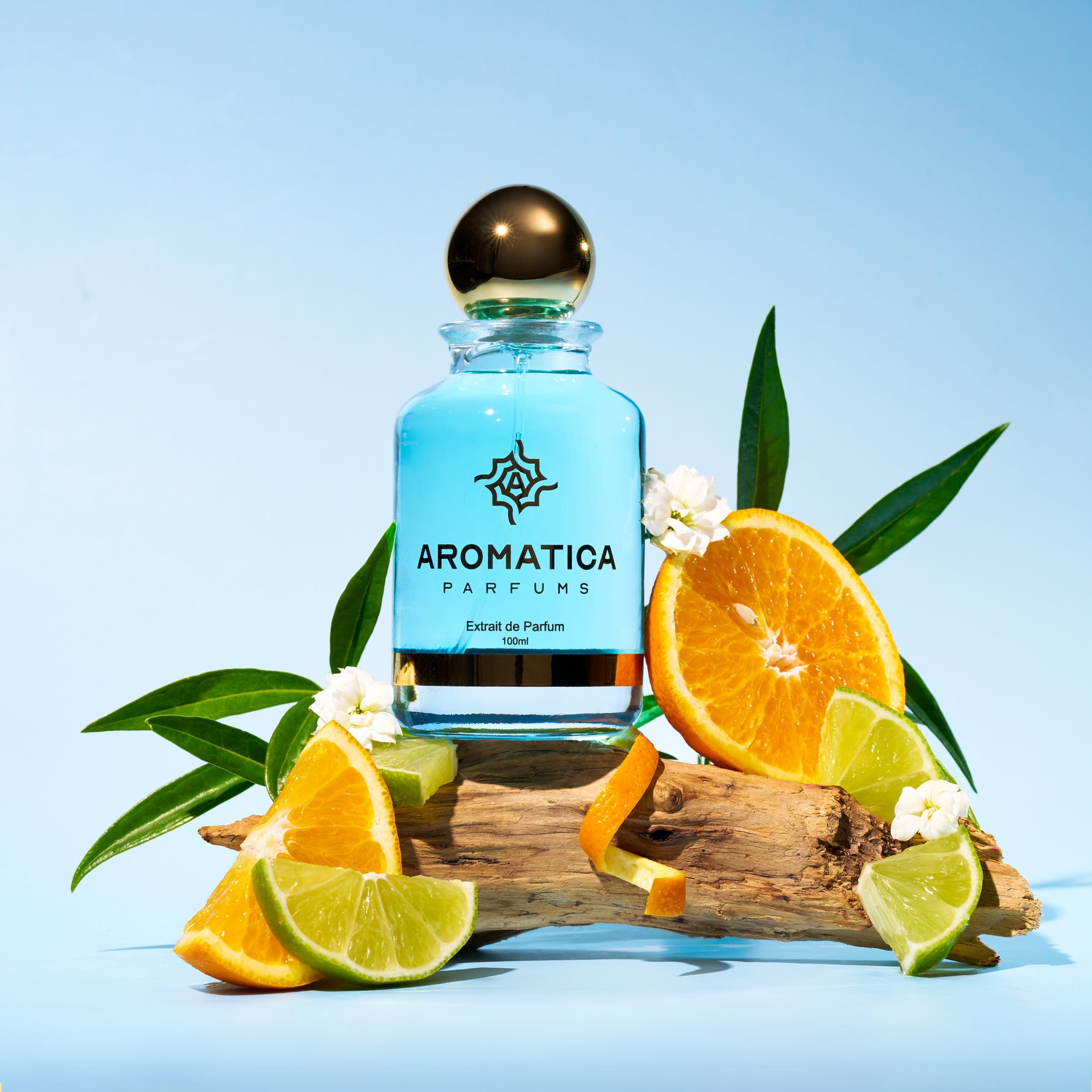 A clear glass perfume bottle filled with light blue liquid, labeled AROMATICA PARFUMS, stands on a piece of driftwood surrounded by orange slices, lime wedges, green leaves, and small white flowers against a soft light blue background.