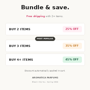 Promotional graphic for bundle and save discounts on Aromatica Parfums with text and color-coded discount information.
